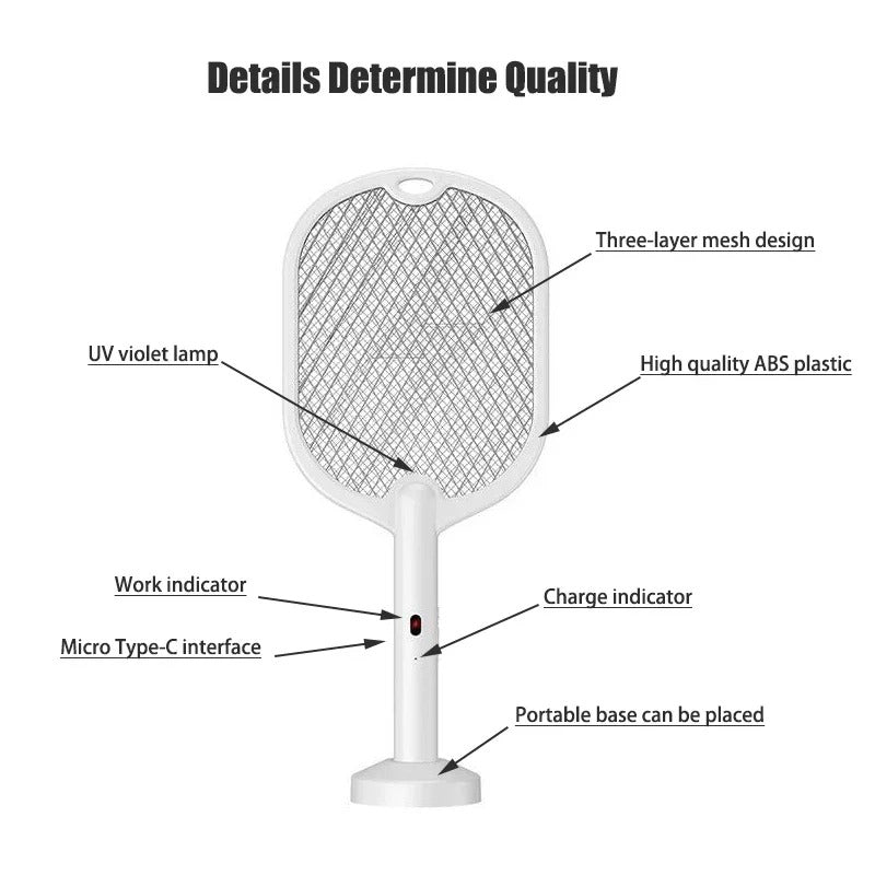 Electric Mosquito Swatter Killer Racket - Powerful USB Rechargeable, 3-Layer Fly Killer Lamp for Instant Bug Zapping